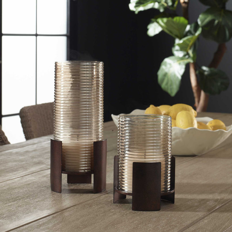 Fluted Fire - Cylinder Candleholders (Set of 2) - Bronze