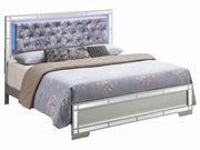 Glory Furniture Madison upholstered bed with LED lighting, featuring a modern design and plush fabric headboard.