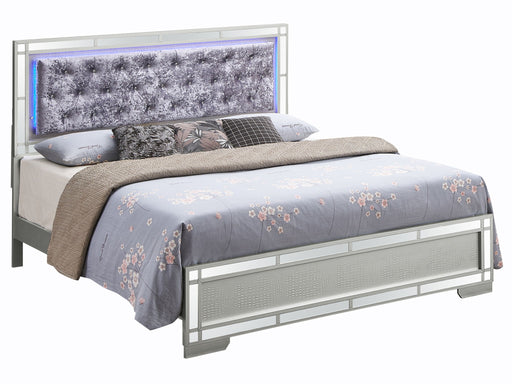 Glory Furniture Madison upholstered bed with LED lighting, featuring a modern design and plush fabric headboard.