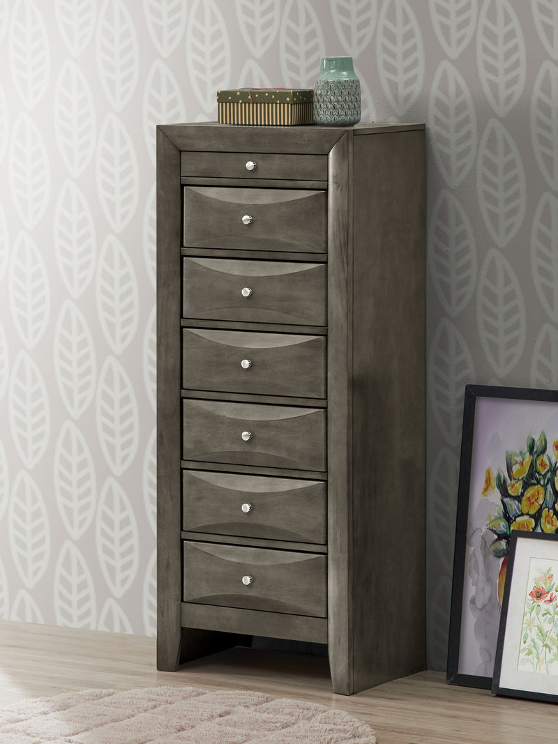 Glory Furniture Marilla 7 Drawer Lingerie Chest with wooden finish and modern design, featuring sleek drawer pulls for stylish storage.