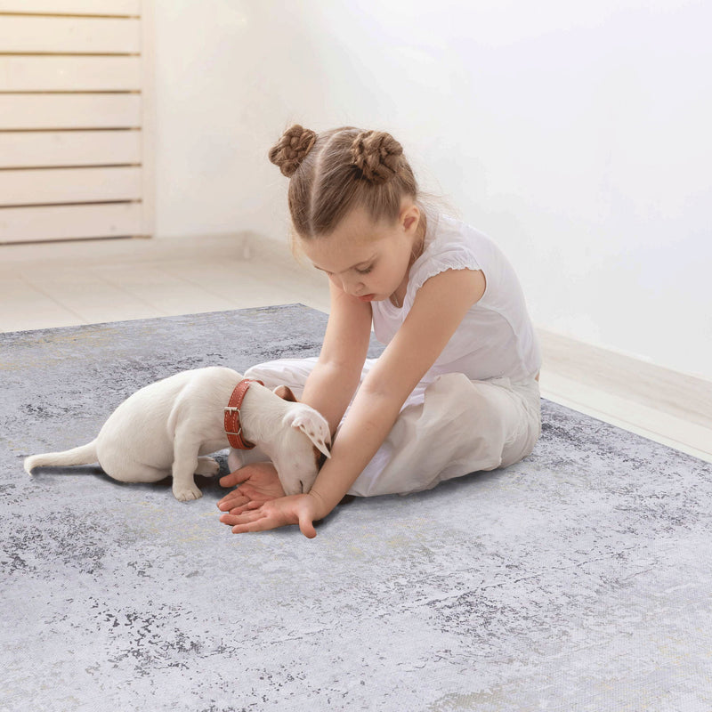 Maval - 8' X 10' Area Rug Washable - Gray / Gold - R&R Furniture Gallery (Fountain Valley, CA)