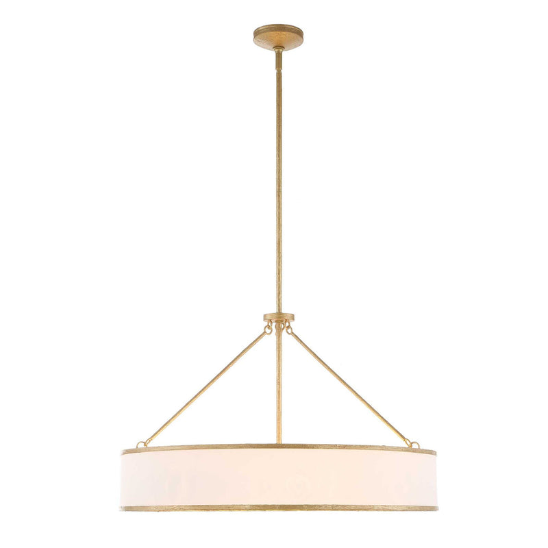 Uttermost Algiers 8-light gold and white drum pendant lighting fixture hanging from ceiling with modern design.