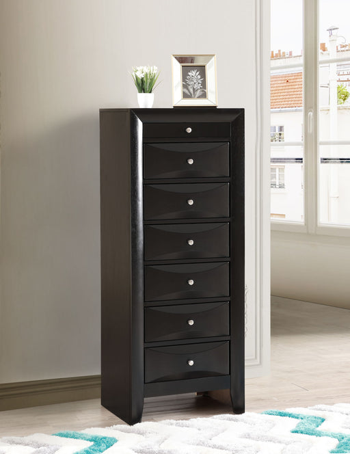 Glory Furniture Marilla 7-drawer lingerie chest with wooden finish and sleek handles, designed for stylish bedroom organization.