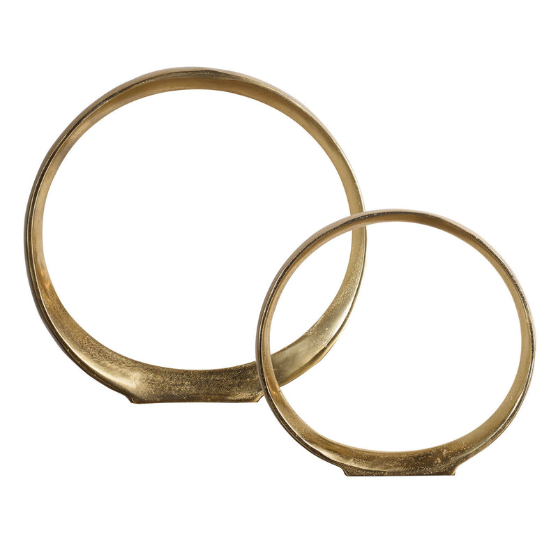 Pair of gold Jimena ring sculptures by Uttermost, modern decorative figurines in a set of two for stylish home decor.