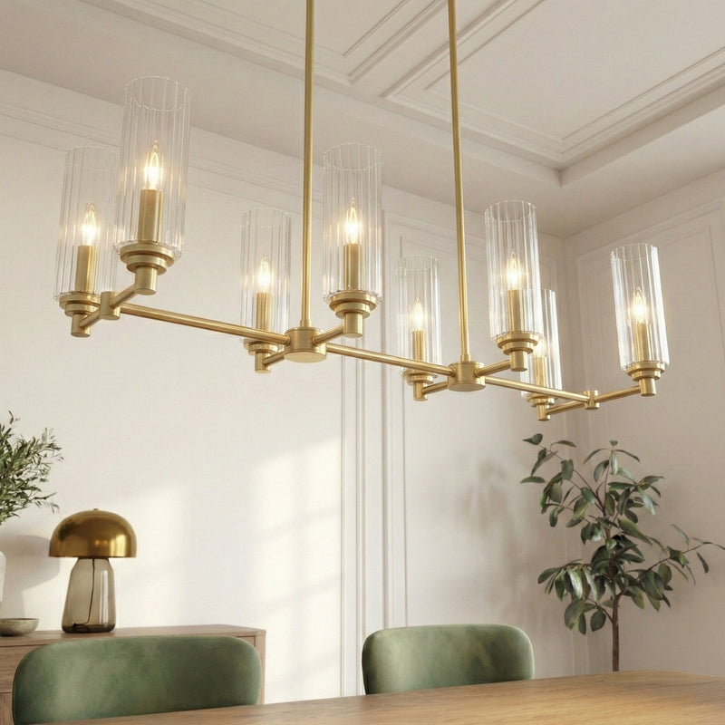 Willow - 8 Lights Island With Clear Ribbed Pendant Lamp Satin - Antique Brass / Clear / Gold - R&R Furniture Gallery (Fountain Valley, CA)