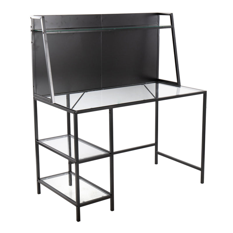 Lumi Source Geo Tier Contemporary Desk with geometric wood accents and sleek black metal frame, ideal for modern home office spaces.