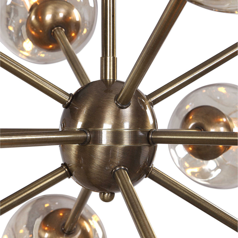 Uttermost Chet 12-Light Sputnik chandelier with light brown finish, featuring a modern design with multiple arms and exposed bulbs.