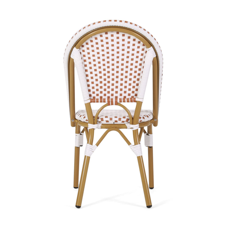 Set of two outdoor rattan and aluminum French bistro chairs by Noble House, featuring woven rattan seats and metal frames.