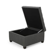 Noble House Isabella contemporary storage ottoman with plush fabric and open lid, showcasing its versatile design and interior storage space.