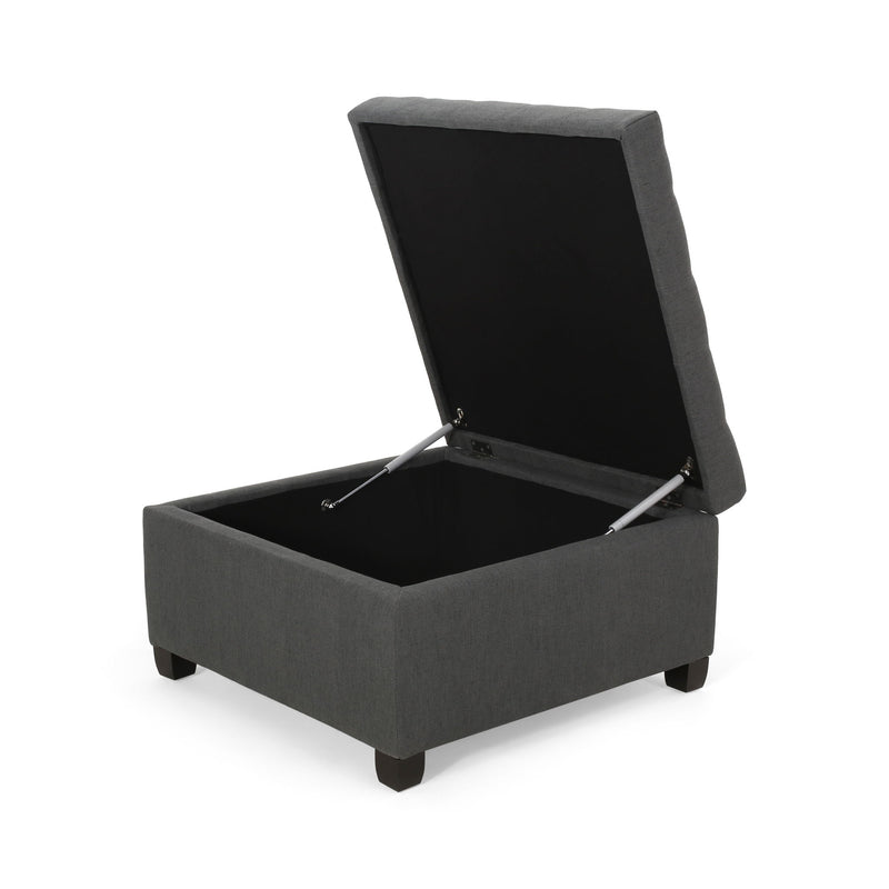 Noble House Isabella contemporary storage ottoman with plush fabric and open lid, showcasing its versatile design and interior storage space.