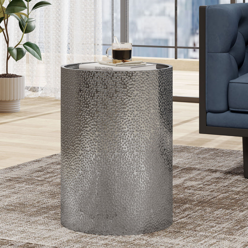 Modern round accent table with hammered surface by Noble House, featuring a sleek design and textured metal finish.