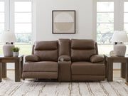 Signature Design by Ashley Vonryan power reclining loveseat with console, adjustable headrest, in tobacco upholstery.