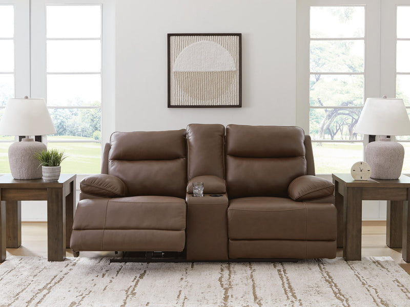 Signature Design by Ashley Vonryan power reclining loveseat with console, adjustable headrest, in tobacco upholstery.