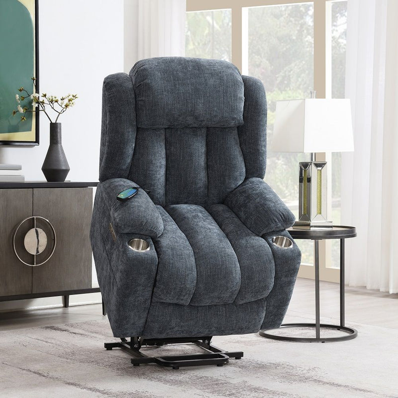 Omarion - Power Recliner With Lift, Heating & Massage - Blue Chenille - R&R Furniture Gallery (Fountain Valley, CA)