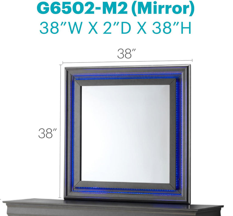 Metallic black mirror by Glory Furniture featuring a sleek, modern design with a reflective glass surface.