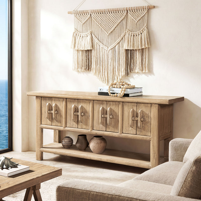 Jennifer Taylor Home Rowan sideboard with lower shelf in natural finish, showcasing its modern design and spacious storage.