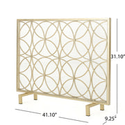 Noble House Thayer single panel iron fireplace screen with geometric design, featuring intricate metalwork for fireplace protection.