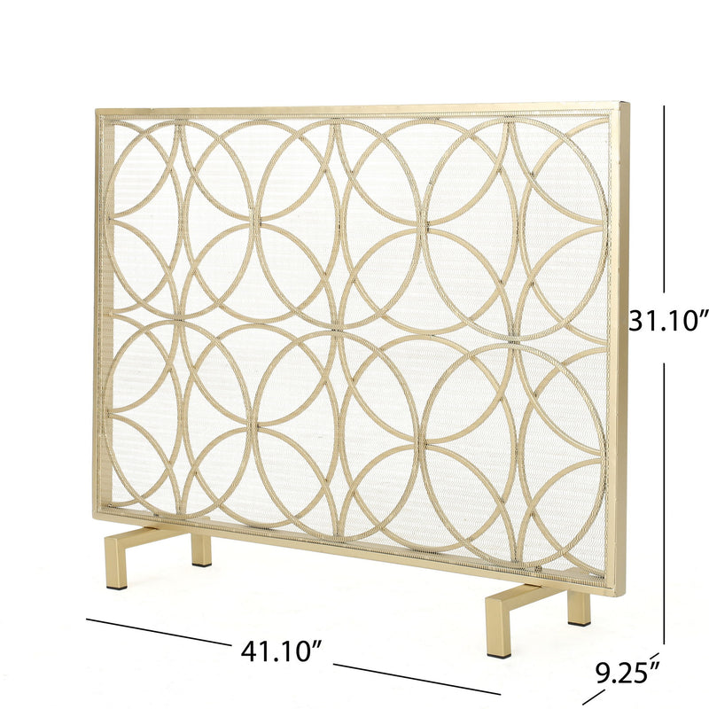 Noble House Thayer single panel iron fireplace screen with geometric design, featuring intricate metalwork for fireplace protection.