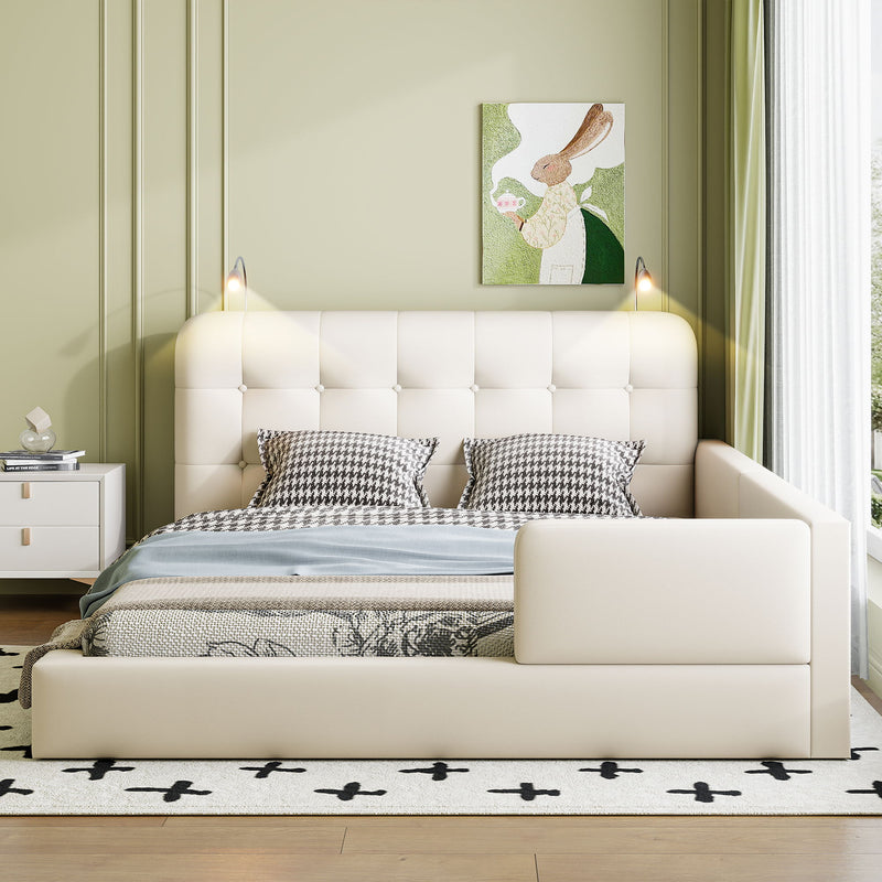 Queen Size Upholstered Platform Bed With 2 Reading Lights - White - R&R Furniture Gallery (Fountain Valley, CA)
