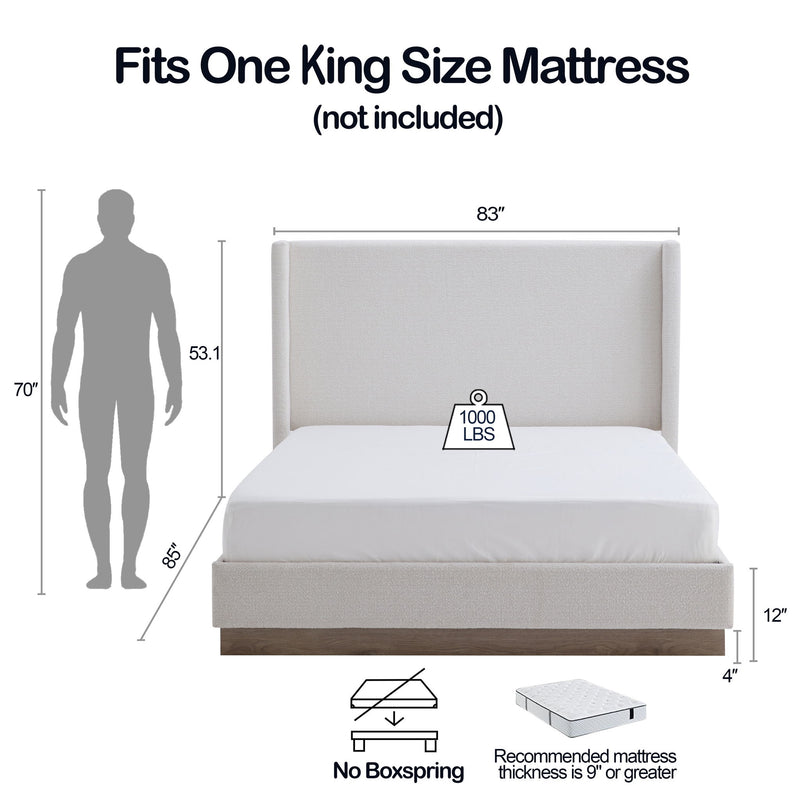 House & Home Furniture Hosford minimalist upholstered wingback bed with wood base platform, showing the sleek, padded headboard and sturdy frame.