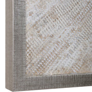 Uttermost Mesmerize abstract canvas art with pearl silver tones, featuring flowing shapes and textured surface for modern wall decor.