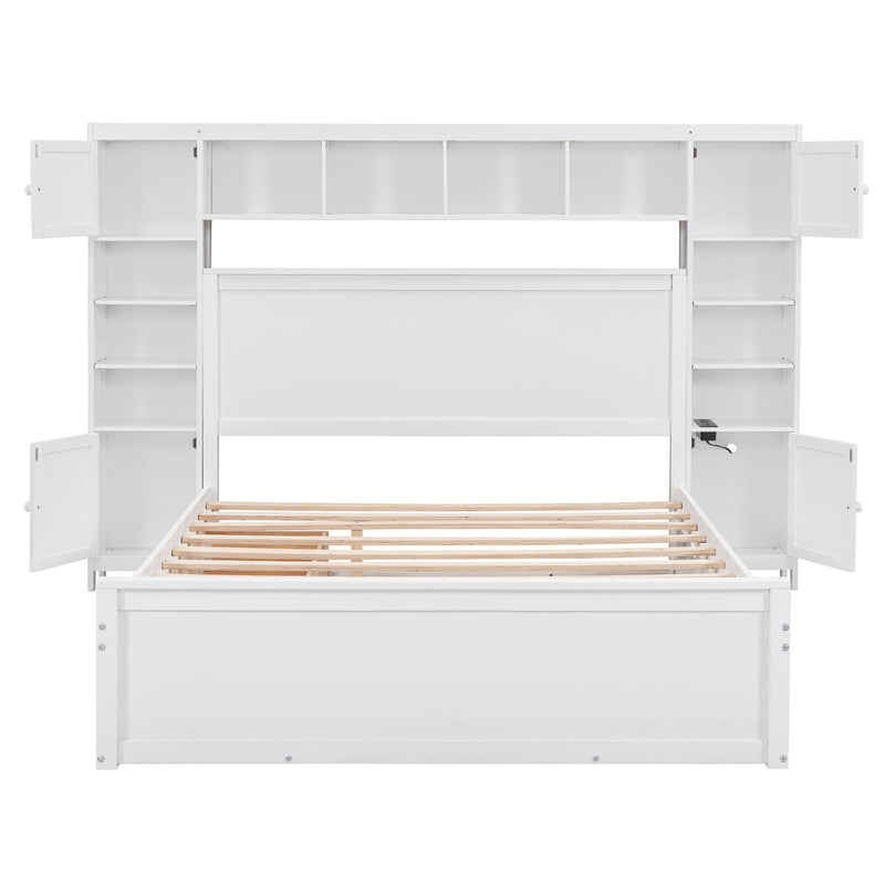 DreamHaus twin long trundle cabinet bed with integrated shelves, sockets, and storage cabinet in a modern bedroom setting.
