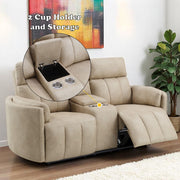 Elison - Motion Loveseat With Console - Dark Beige Polish Microfiber - R&R Furniture Gallery (Fountain Valley, CA)