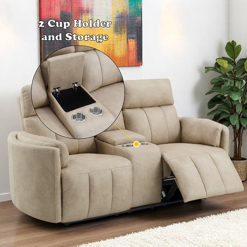 Elison - Motion Loveseat With Console - Dark Beige Polish Microfiber - R&R Furniture Gallery (Fountain Valley, CA)