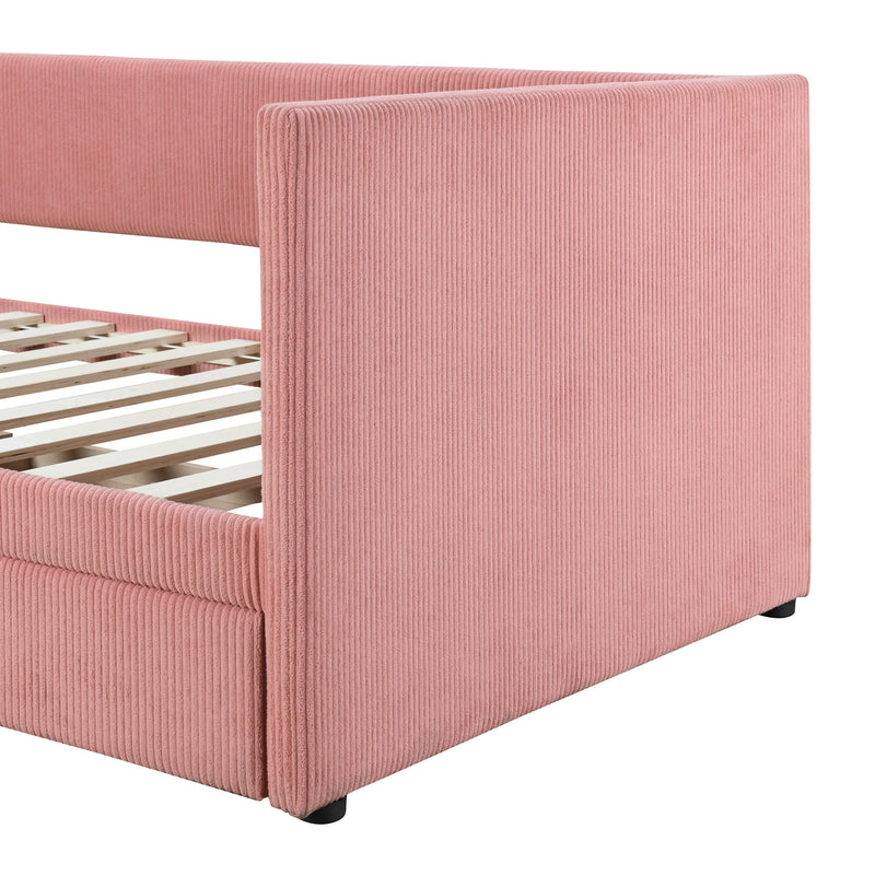 Halcyon Home storage daybed with two drawers and wood slat design, showcasing a modern bed frame with built-in storage drawers.