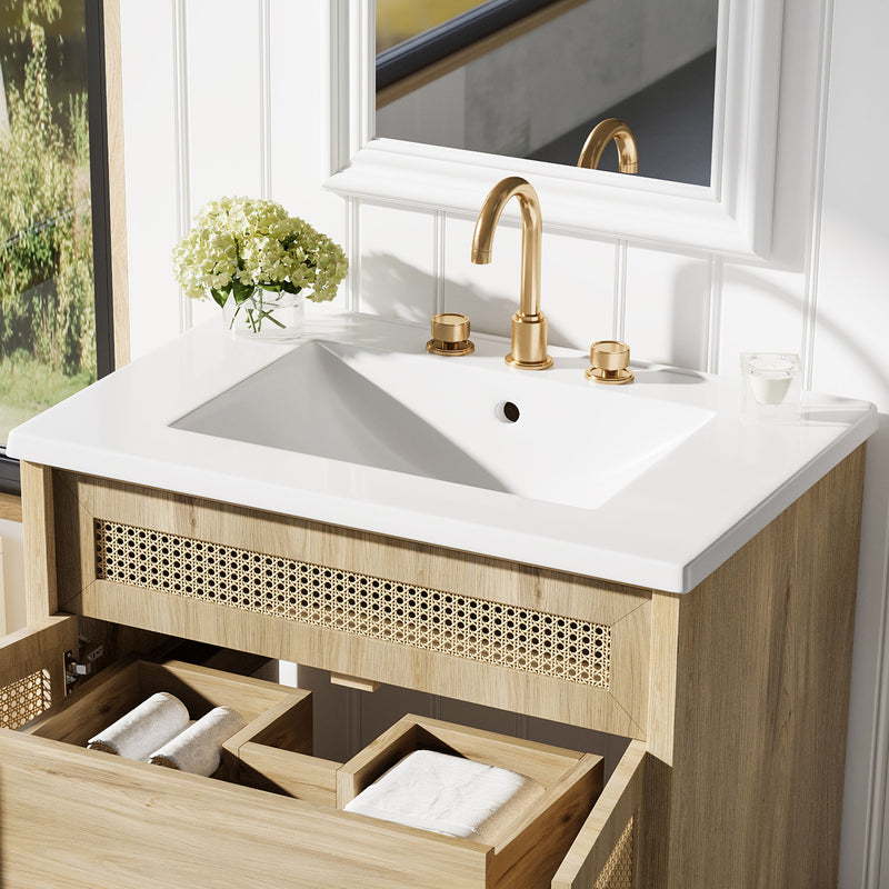 Bathroom Vanity With Handwoven Rattan Doors, Resin Basin - Natural Wood - R&R Furniture Gallery (Fountain Valley, CA)