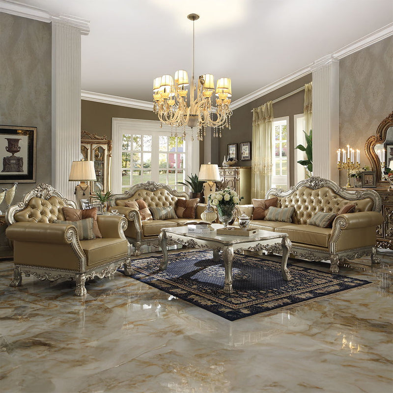 Dresden - Loveseat With 3 Pillows - Bone Synthetic Leather & Gold Patina - R&R Furniture Gallery (Fountain Valley, CA)