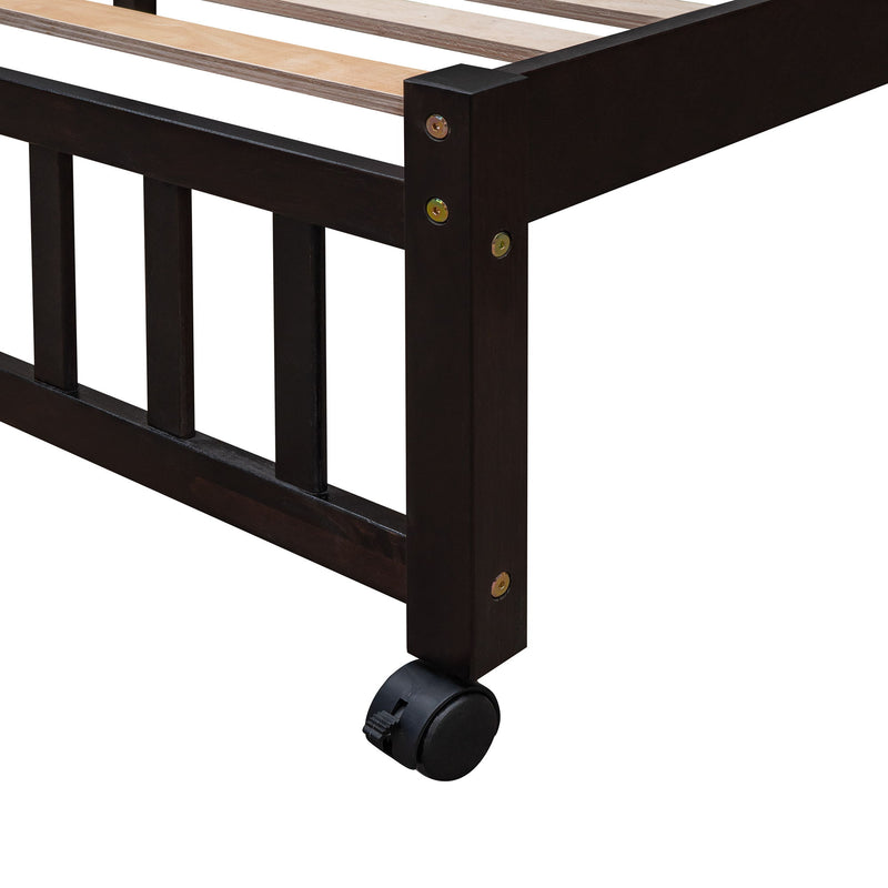 DreamHaus bunk bed with six drawers, flexible shelves, and a bottom bed on wheels, showcasing a modern wooden design with storage features.