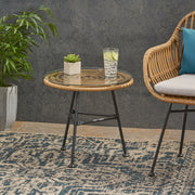 Noble House Petrichor outdoor side table with tempered glass top and steel frame, ideal for patio or garden seating areas.