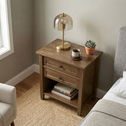 Brown Simpli-Home Warm Shaker bedside table with two drawers, accent nightstand for bedroom storage and decor.