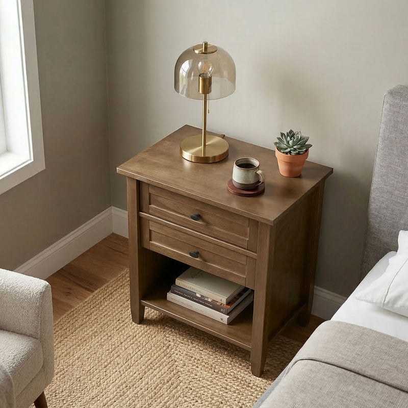 Brown Simpli-Home Warm Shaker bedside table with two drawers, accent nightstand for bedroom storage and decor.