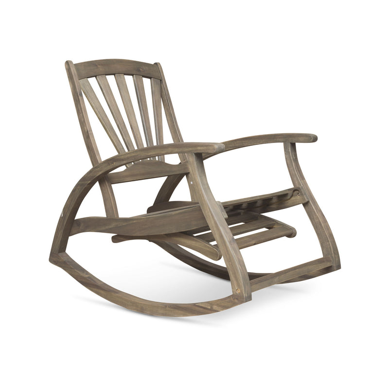 Gray outdoor reclining rocking chair from Noble House, featuring a comfortable design and smooth rocking motion.