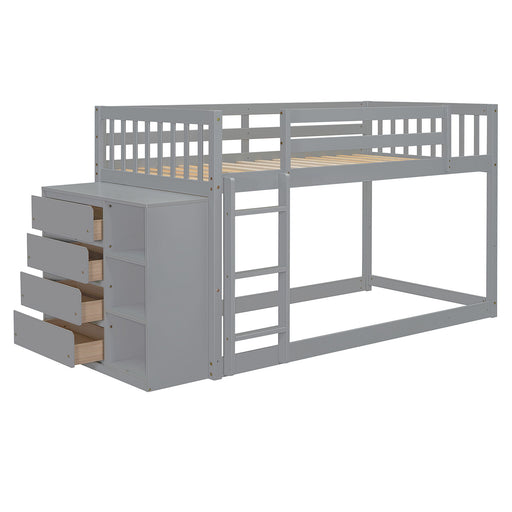 DreamHaus bunk bed with four drawers and three shelves, featuring a sturdy wooden frame and space-saving design for kids' rooms.