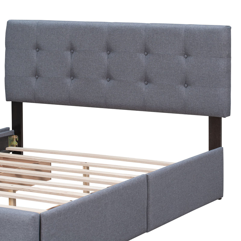 DreamHaus upholstered platform bed with classic headboard and built-in drawers, storage bed design without box spring.