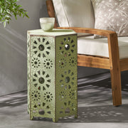 Noble House Galore side table with sunburst cut out design, round wooden surface and decorative openwork metal base.