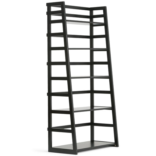 Handcrafted Acadian ladder shelf bookcase by Simpli-Home with multiple wooden shelves and a modern rustic design.