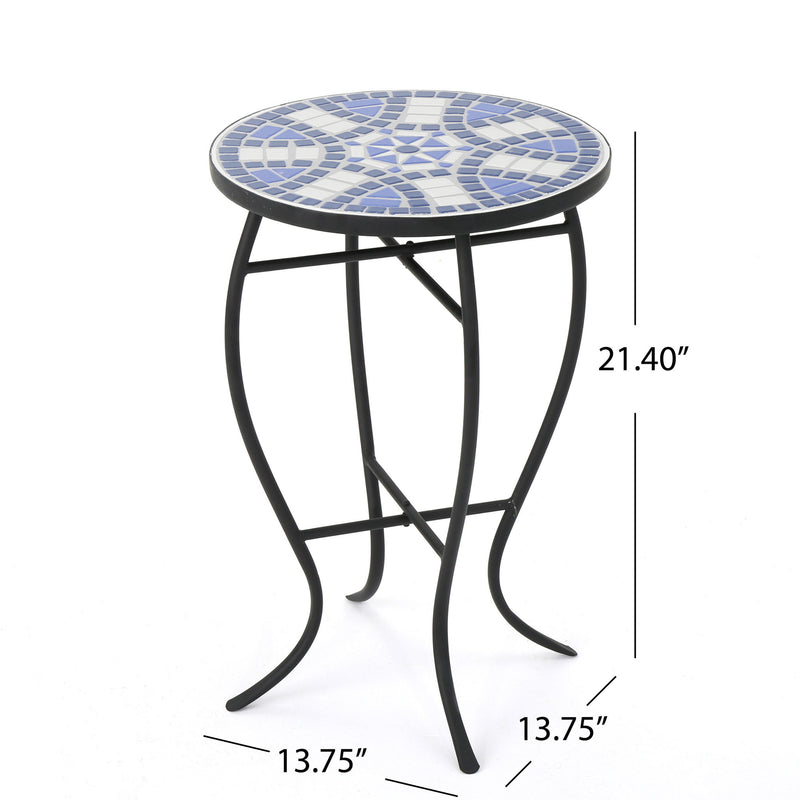 Outdoor Round Side Table With Mosaic Style Top And Curved Iron Legs - Blue / Matte Black - R&R Furniture Gallery (Fountain Valley, CA)