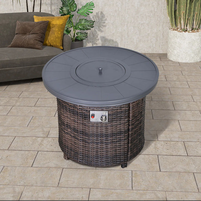 Outdoor fire pit table with lid in espresso finish by LSI Patio Furniture, showcasing a round fire pit with a protective cover.