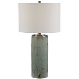 Uttermost Callais crackled aqua table lamp with textured ceramic base and fabric shade, decorative modern lighting for living spaces.