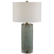 Uttermost Callais crackled aqua table lamp with textured ceramic base and fabric shade, decorative modern lighting for living spaces.