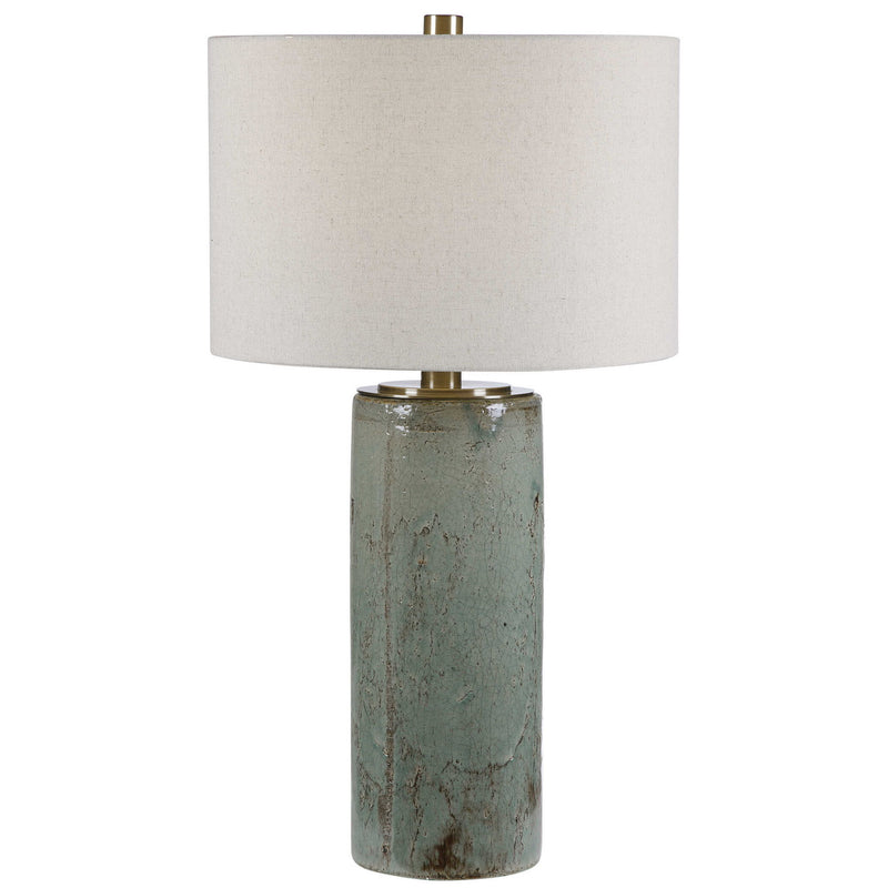 Uttermost Callais crackled aqua table lamp with textured ceramic base and fabric shade, decorative modern lighting for living spaces.