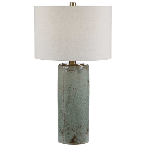 Uttermost Callais crackled aqua table lamp with textured ceramic base and fabric shade, decorative modern lighting for living spaces.