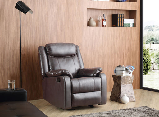 Glory Furniture Ward rocker recliner chair with plush cushioning and wooden base, perfect for relaxing and lounging at home.