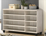 Lilola Home Corby oak finish 3-door shoe cabinet in dusty gray, showcasing its sleek design and spacious storage compartments.