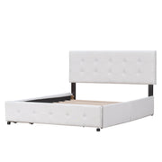 DreamHaus upholstered platform bed with classic headboard and built-in storage drawers, no box spring needed, in a modern bedroom setting.