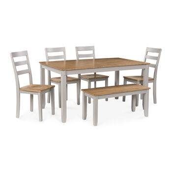 Signature Design by Ashley Harperfeld dining room table set with six natural and gray chairs and table, stylish home dining furniture.